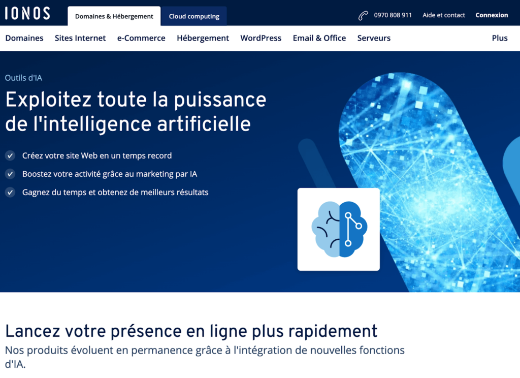 page web du site d'Ionos pour la création d'un site Internet avec l’intelligence artificielle.