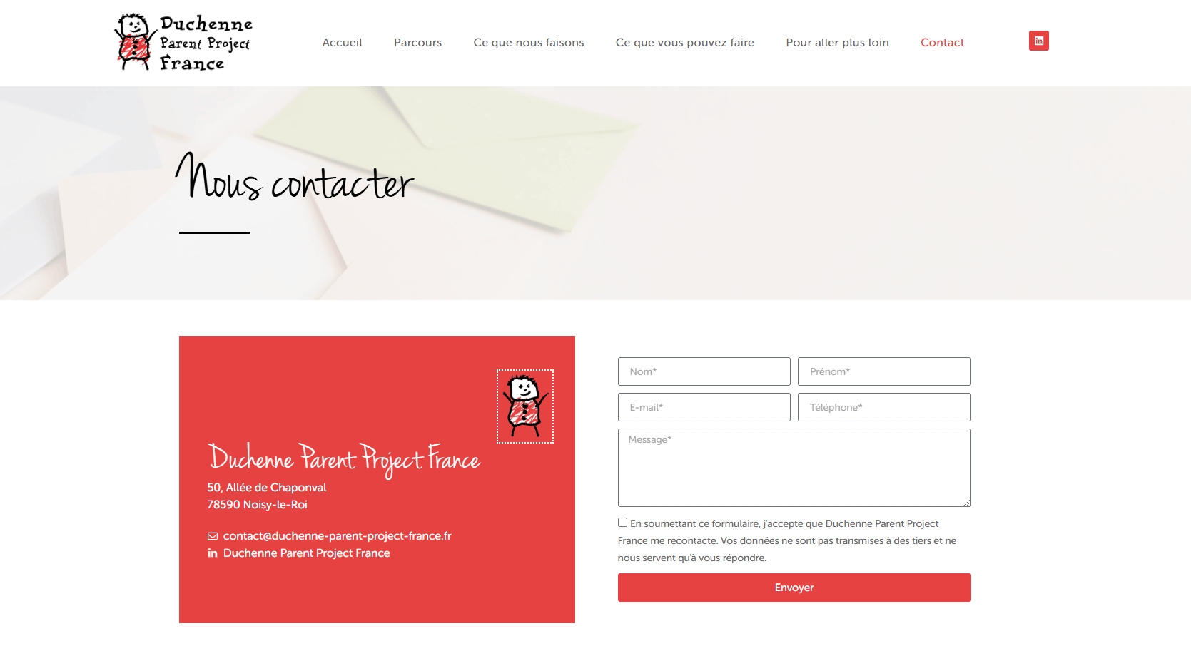 image montrant la page contact personnalisée du site internet de l'association Duchenne Parent Project France