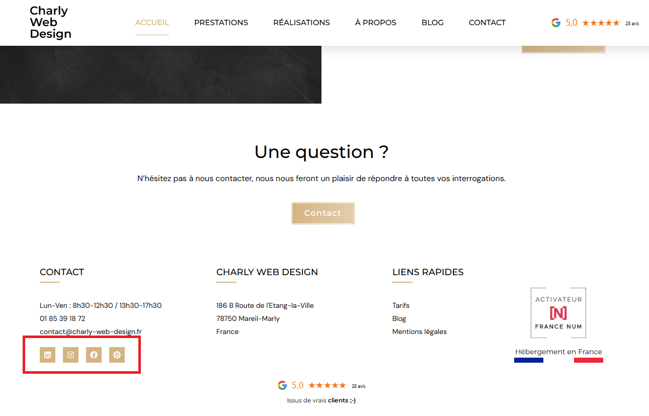 image qui montre un exemple d'icônes des réseaux sociaux intégrées au site web de Charly Web Design